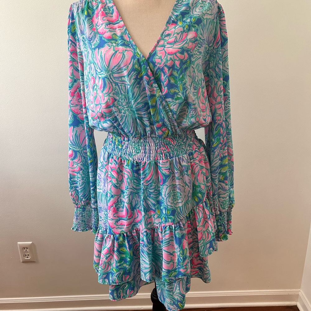 Lilly Pulitzer Blue Cristiana in full Bloom Ruffle Smocked Wrap Dress
